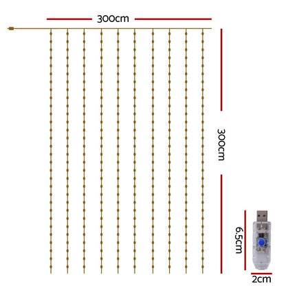 Jingle Jollys 3X3M Christmas Lights Curtain String Light 300 LED Warm White