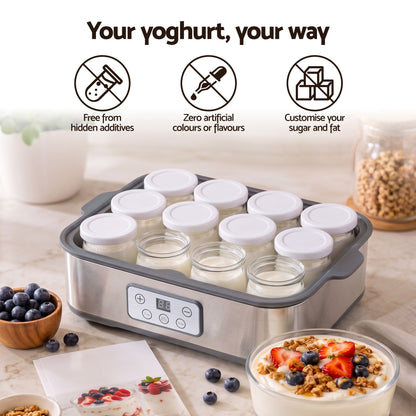 Devanti Yoghurt Maker Machine with 12x180ml Glass Cups Temp Control Grey